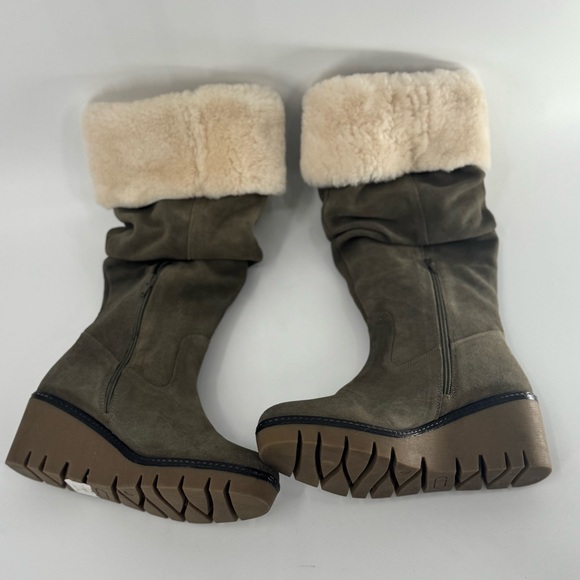 Vintage Foundry Co Arabella Green Suede Sherpa Trim Tall Wedge Boots Women’s 10 - Picture 6 of 10